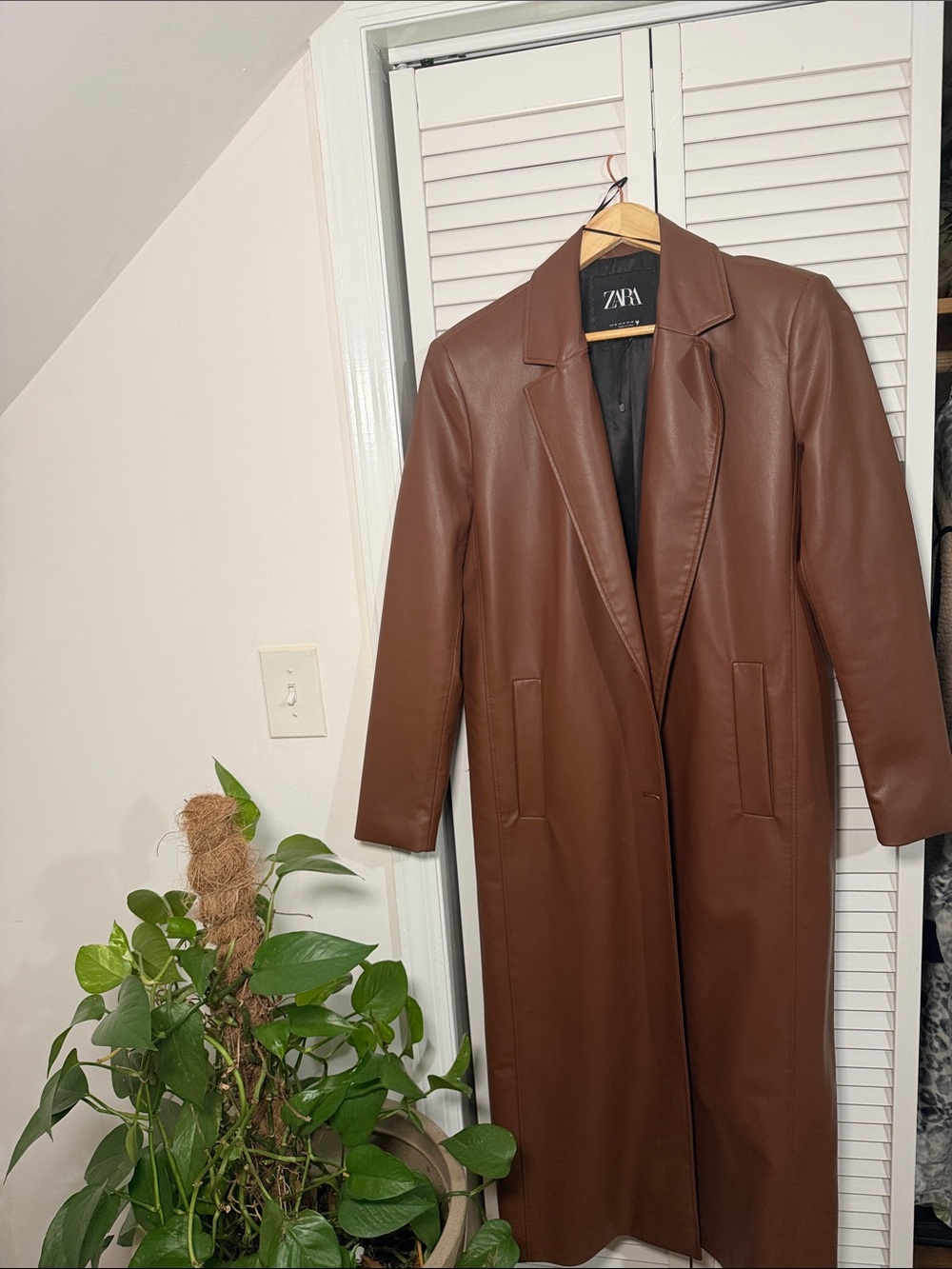 ZARA Brown Faux Leather Longline Trench Coat